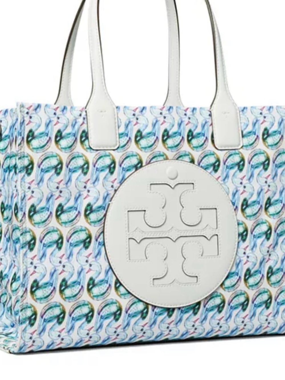 Tory Burch Ella White Leather Tote with Blue-Green Swan Pattern and Earrings NWT - Picture 4 of 14